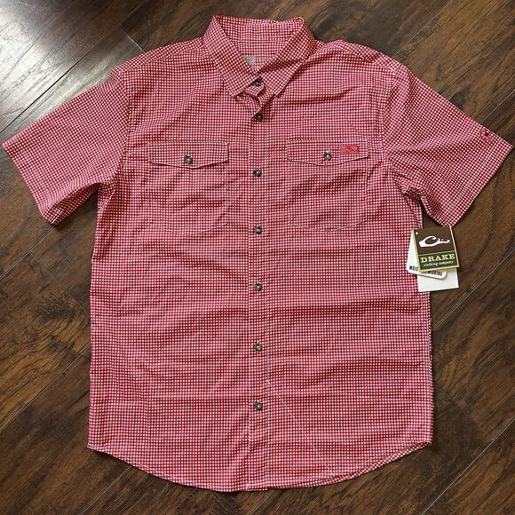 NWT Drake Frat Gingham Check Red & White Button Up Short Sleeve Men’s Medium - Picture 1 of 12